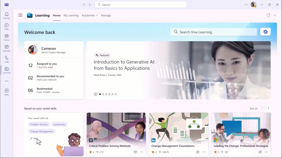 A learning system user interface where a user clicks to edit their skills and selects a skill they want to learn about