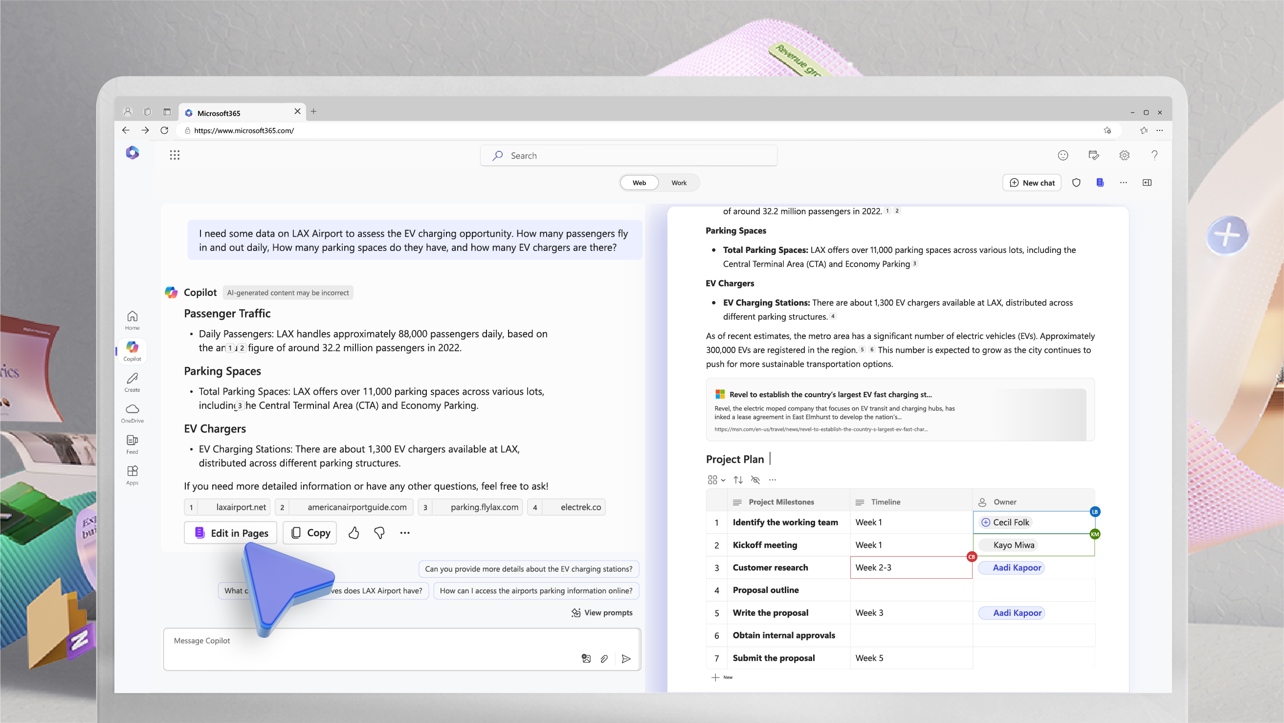 Product screen showing the Copilot Pages interface and collaboration between users in the Microsoft 365 Copilot web experience. The image background shows a dynamic visual of the Microsoft 365 app icons.