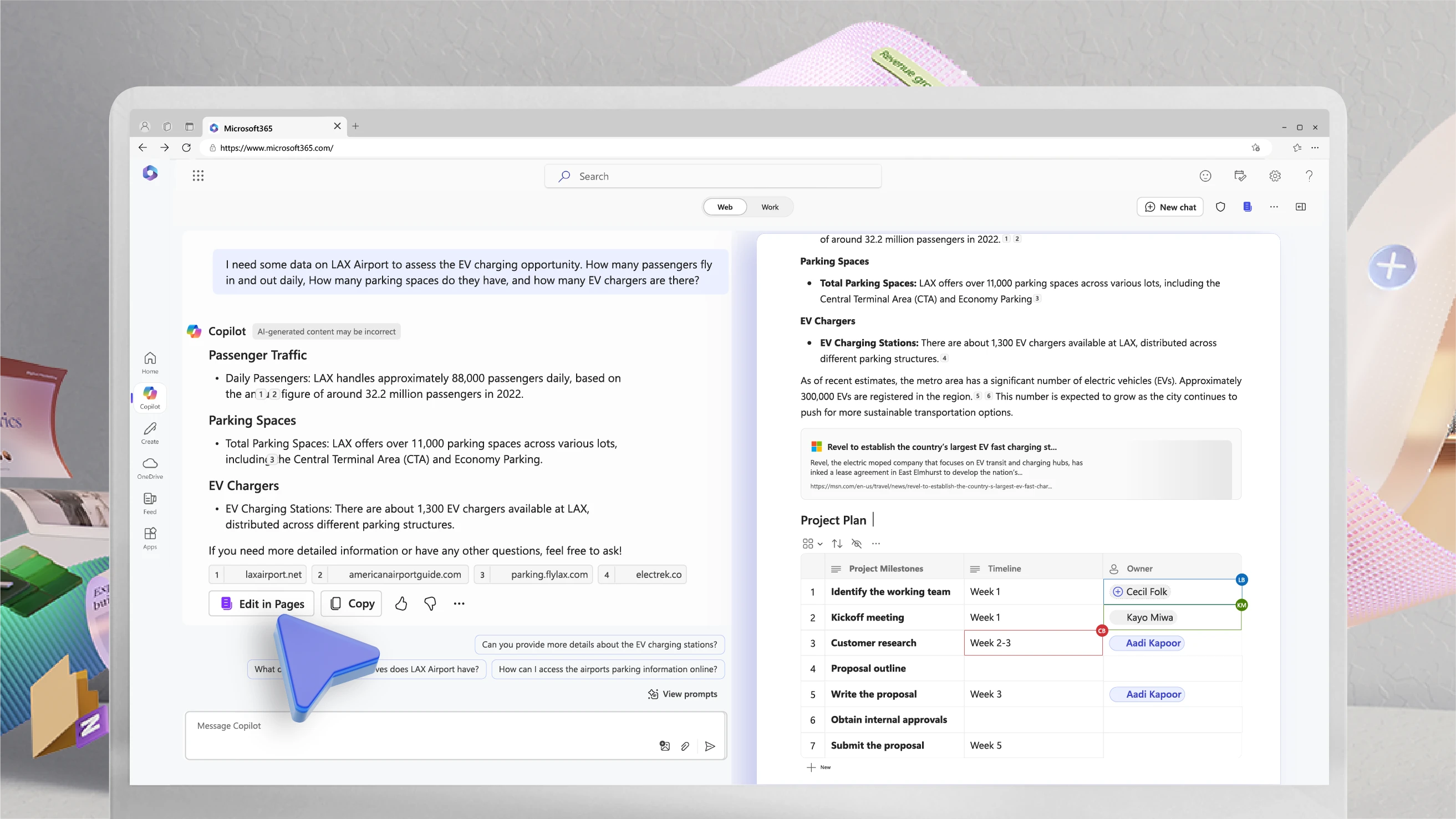 Product screen showing the Copilot Pages interface and collaboration between users in the Microsoft 365 Copilot web experience. The image background shows a dynamic visual of the Microsoft 365 app icons