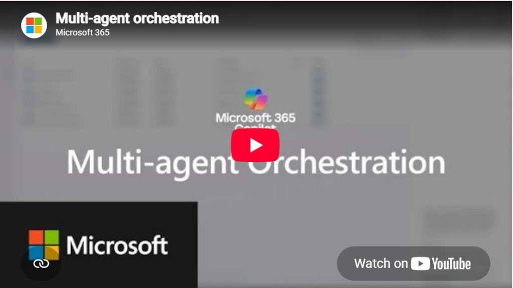 Video thumbnail for Multi-agent orchestration in Microsoft 365 Copilot. Image features Microsoft 365 branding, Microsoft 365 Copilot logo, Multi-agent orchestration title text, and a YouTube play button overlay, highlighting how multiple AI agents coordinate tasks and workflows within Microsoft 365 Copilot.