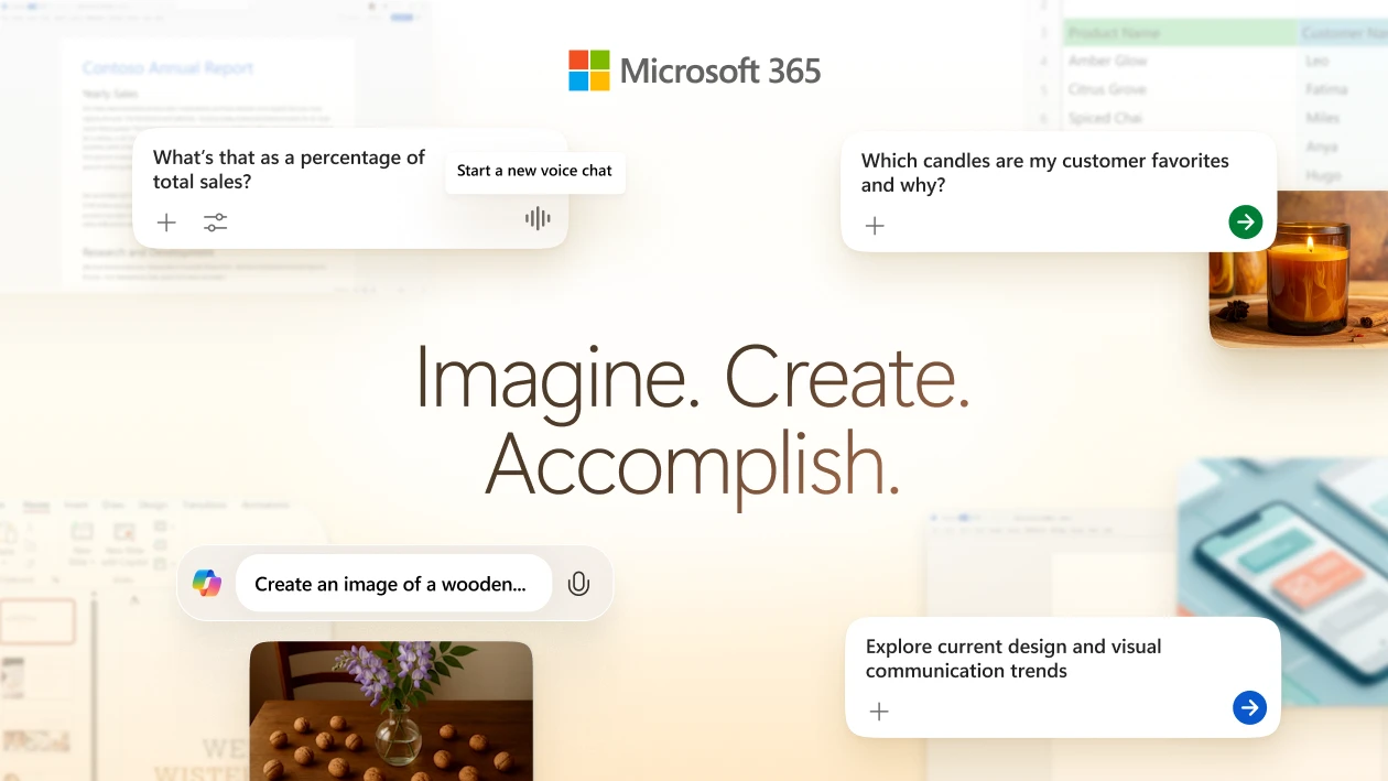 A decorative image that says Imagine. Create. Accomplish and has the Microsoft 365 logo