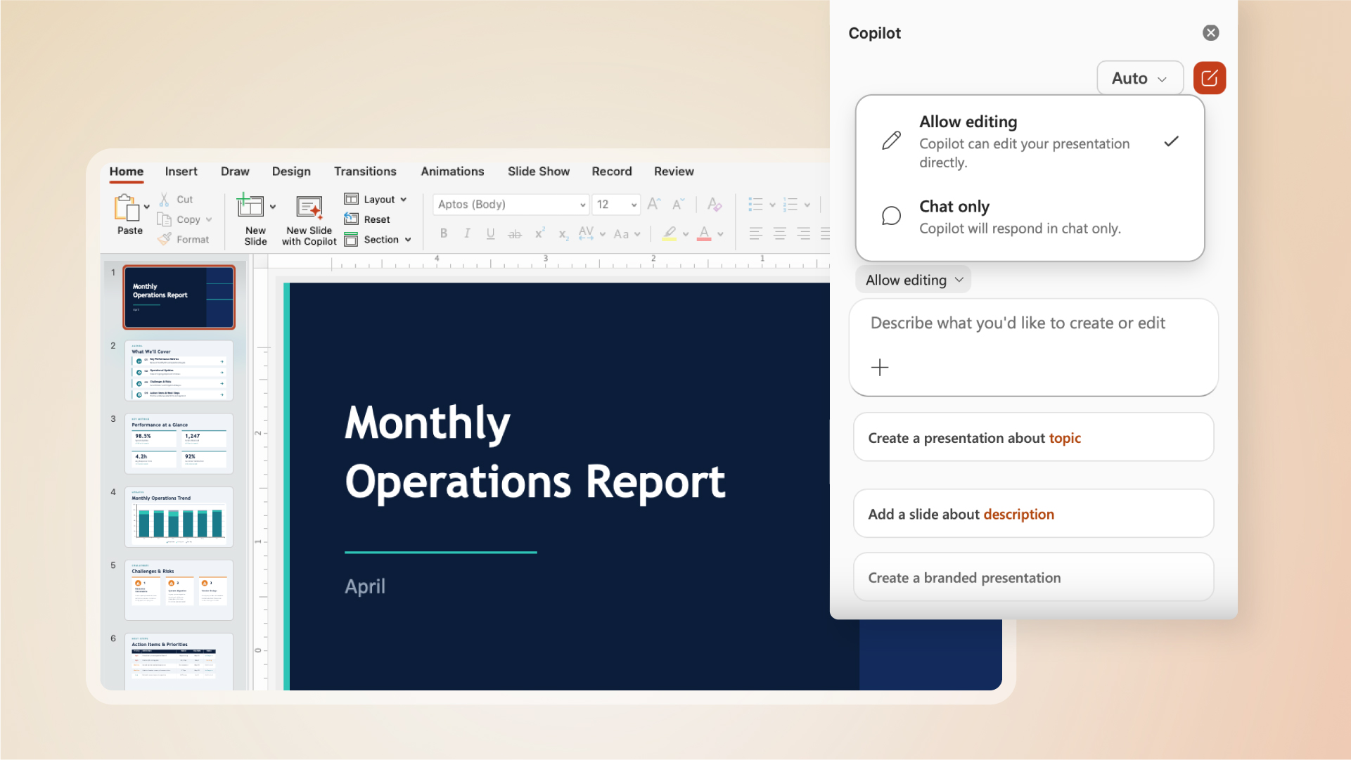 Microsoft PowerPoint interface showing a presentation titled &lsquo;Monthly Operations Report&rsquo; with a dark blue cover slide labeled April. The Copilot pane is open on the right with options to edit the presentation, add slides, or create a presentation