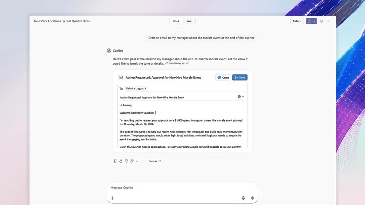 Microsoft 365 Copilot drafting an email requesting approval for a new hire morale event in Outlook