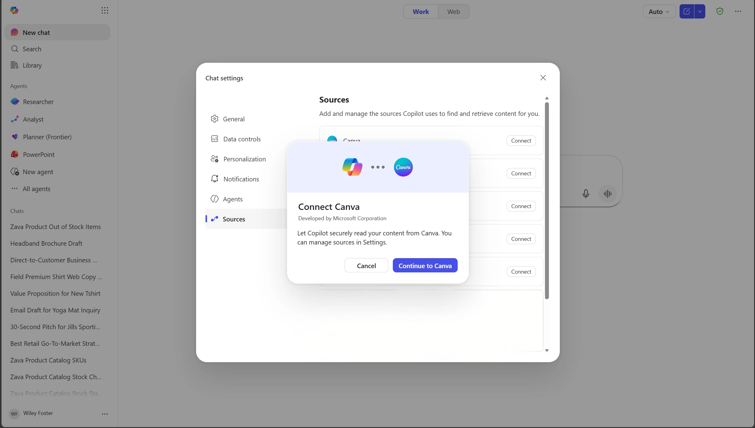 Microsoft Copilot interface showing Sources settings and Canva integration dialog for connecting external content.