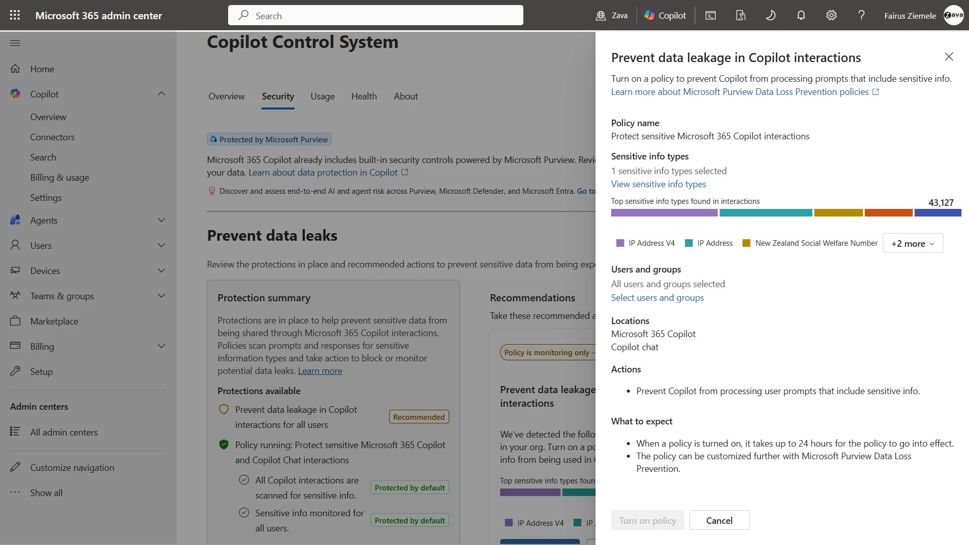 Product image of sensitivity labels for Microsoft 365 Copilot in the Microsoft 365 Admin Center.