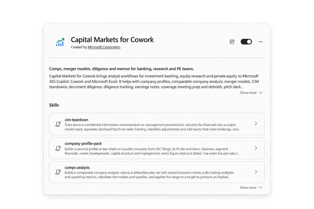 UI of a Cowork Capital Markets plugin
