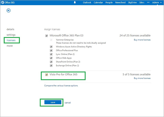 office 3655 visio license menu