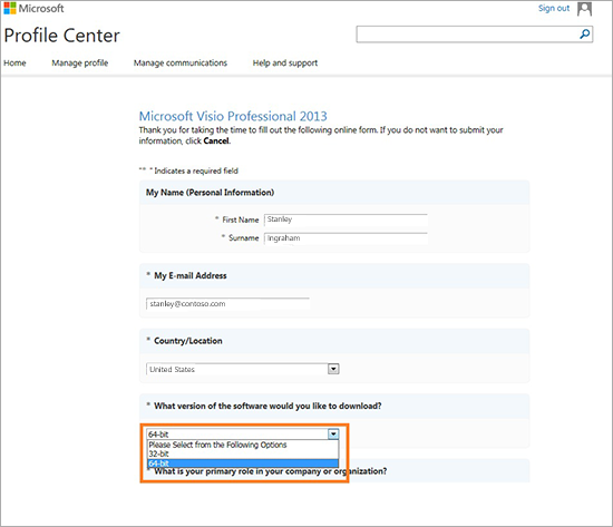 Office 365 visio profile menu