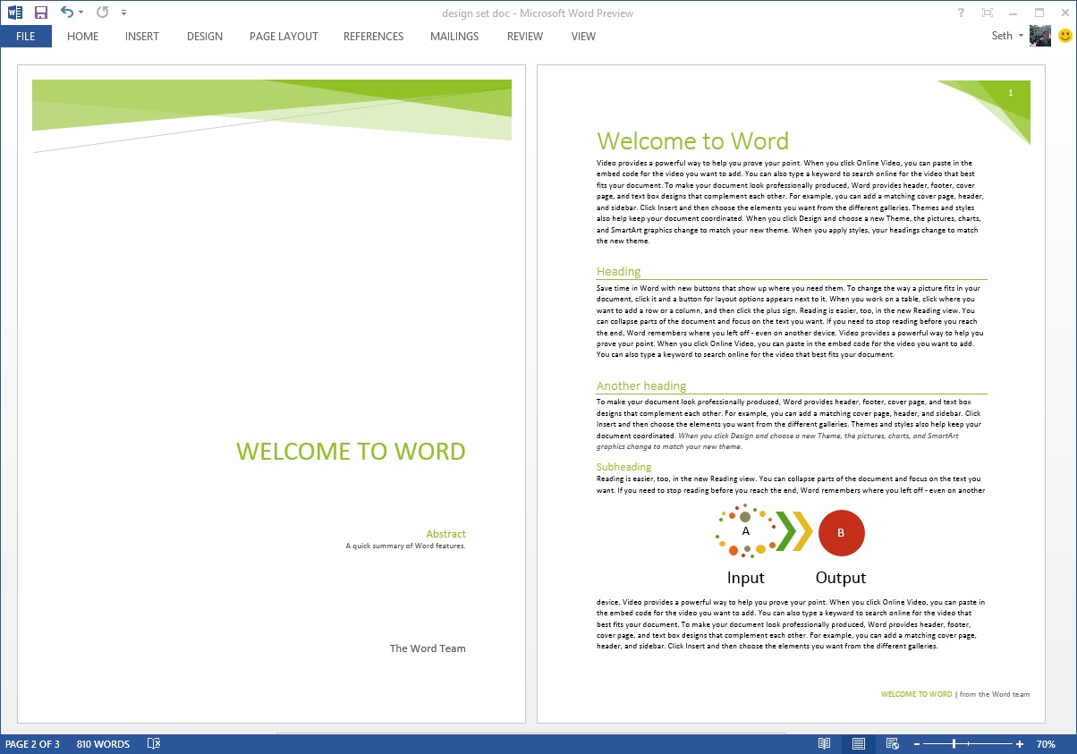 Screenshot of a document with facet building blocks Welcome to Word