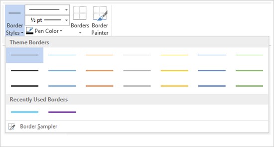 Screenshot of table border menu