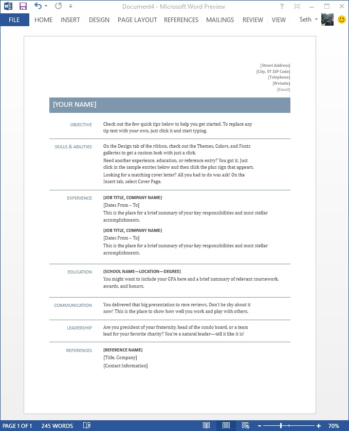 Screenshot of a resume template Resume