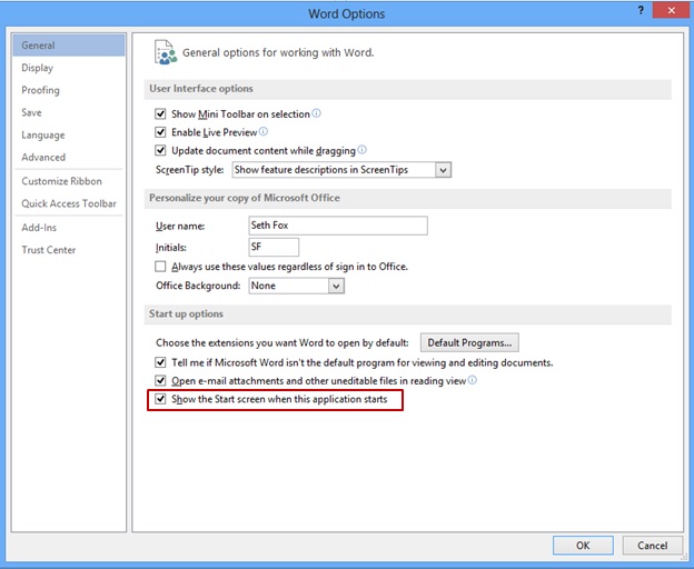 Screenshot of the Word Options dialog Word Options