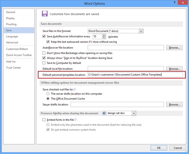 Screenshot of the Word Options dialog Word Options