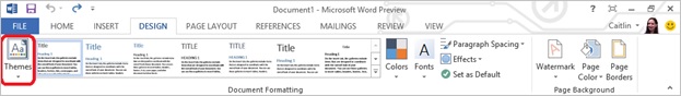 Screenshot of the Design Tab with Themes button highlighted