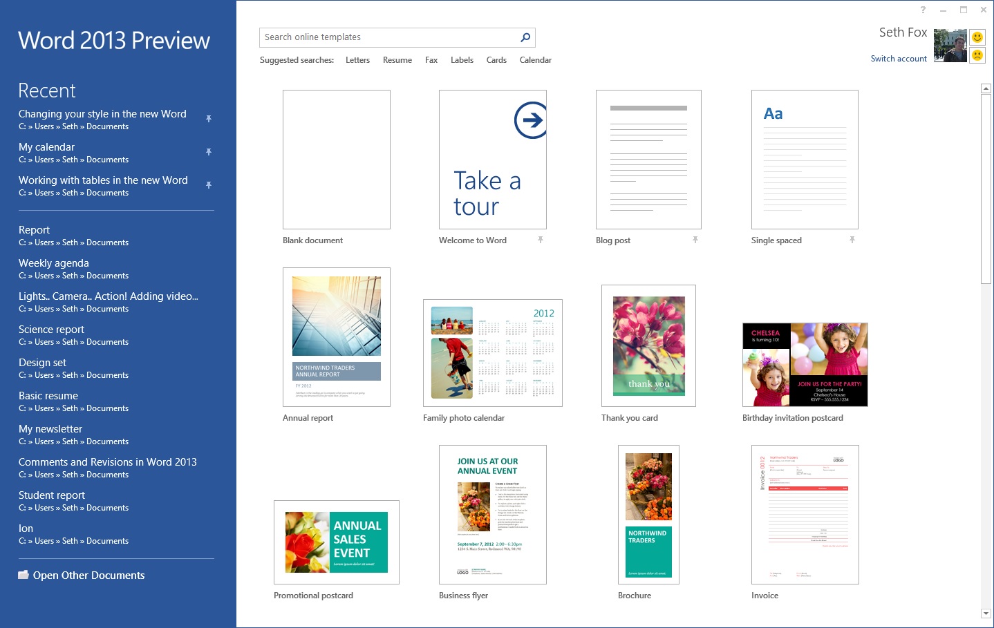 Word 2013 Start Screen Preview
