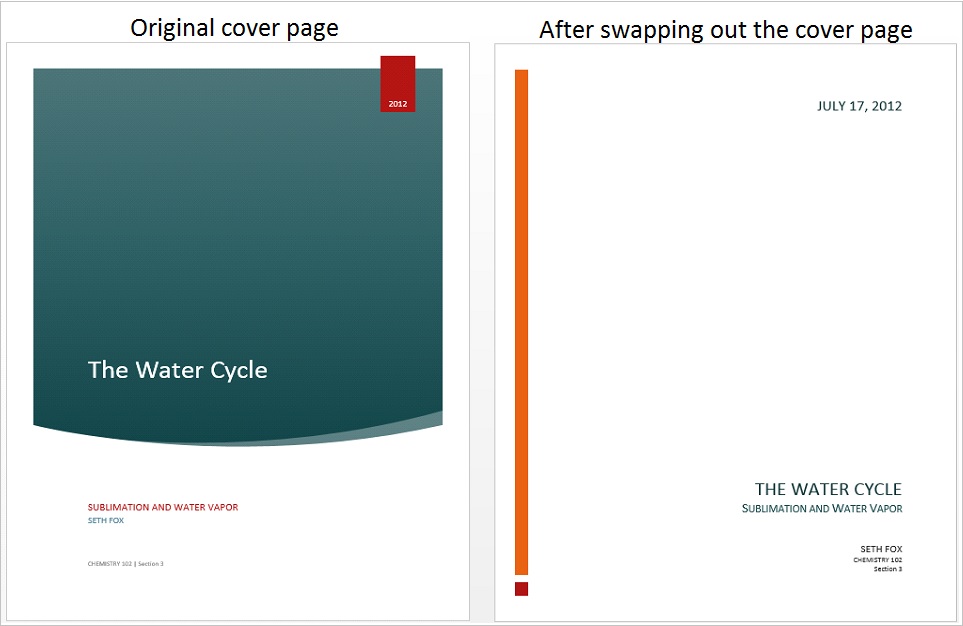 Before and after changing a cover page After swapping out the cover page