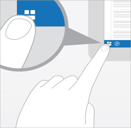 a finger is touching the window icon in the lower left hand corner of a tablet