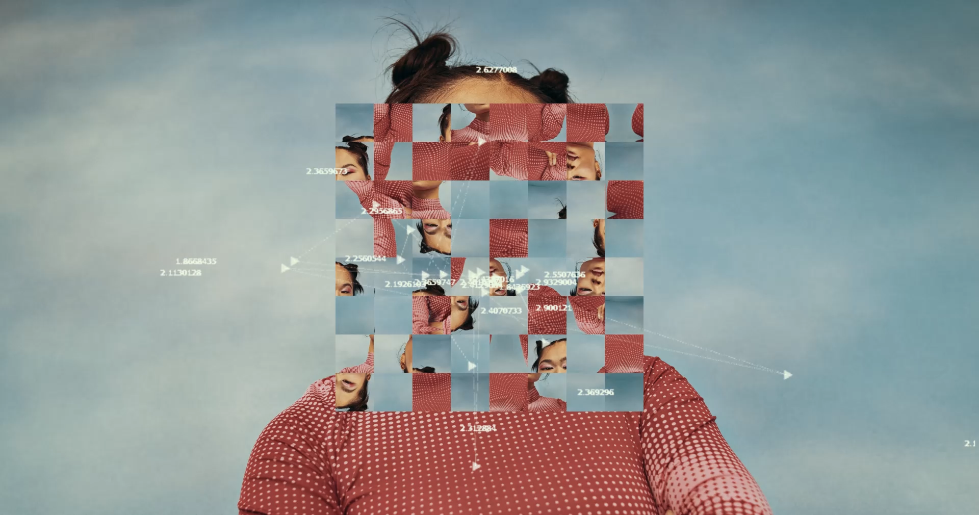 Abstract digital art of a woman's image fragmented into squares with numbers and arrows, set against a cloudy sky background.