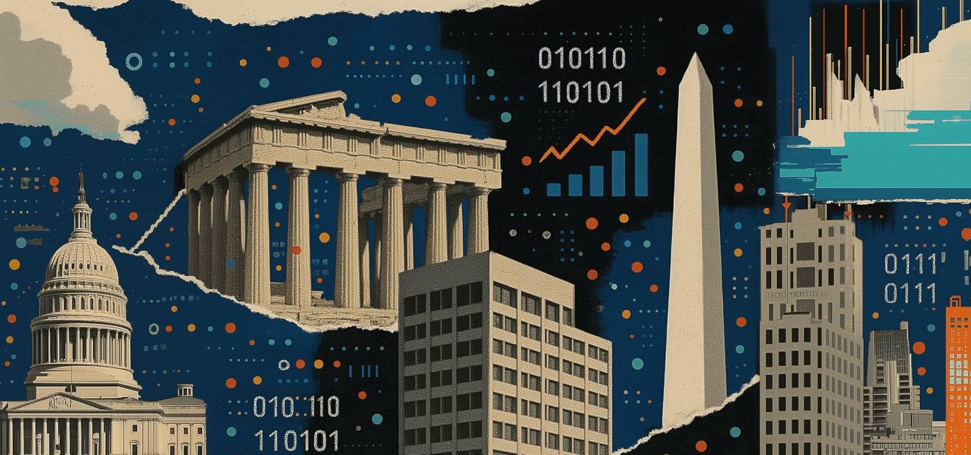 Illustration of government buildings and digital data graphics.