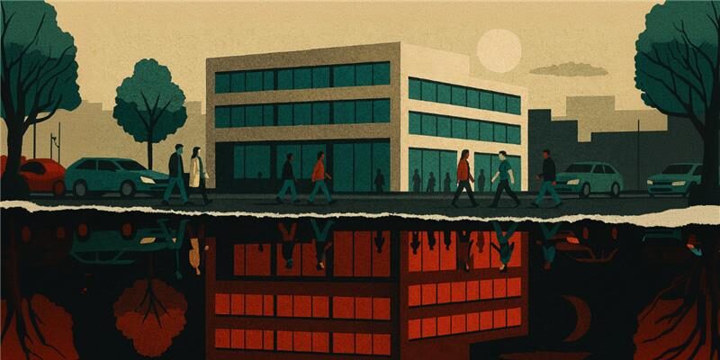 An illustration of pedestrians walking near a business office.