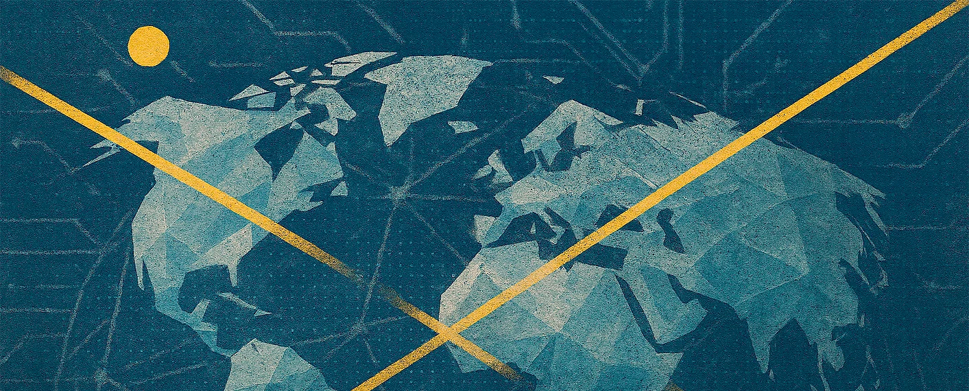 Abstract world map composed of geometric shapes in blue and white tones. two yellow diagonal lines intersect across the map, with a yellow circle positioned in the upper left corner. the background is dark blue with subtle textured patterns.