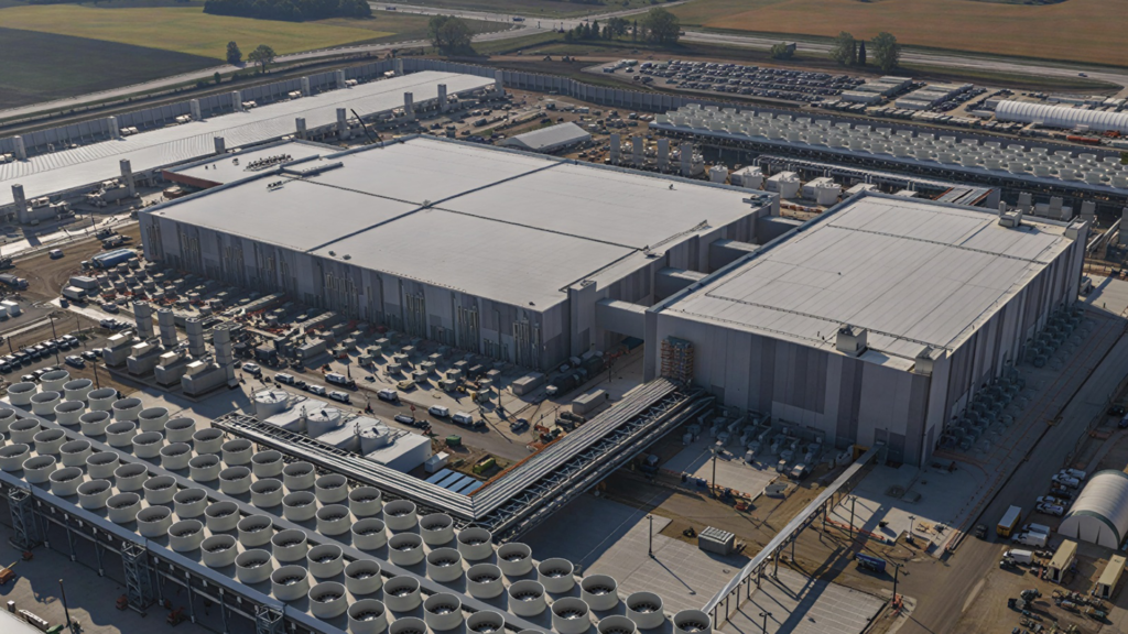 Large industrial facility with extensive rows of cooling units and buildings, surrounded by roads and fields. 