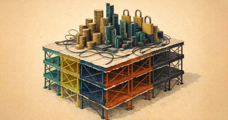 A cluster of scaffolding holding up cryptocurrency, locks, wiring, and circuit boards
