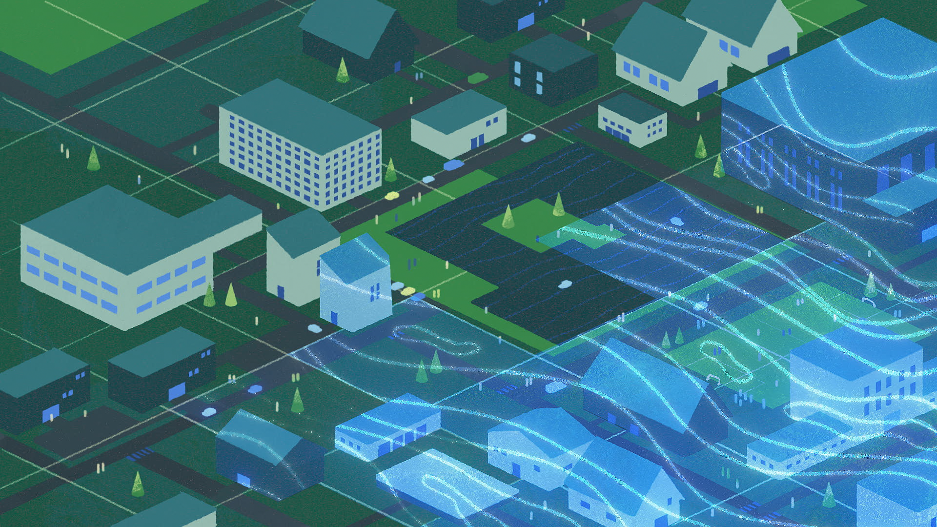 An animated image portraying a haze of cyber attacks hovering over a small community