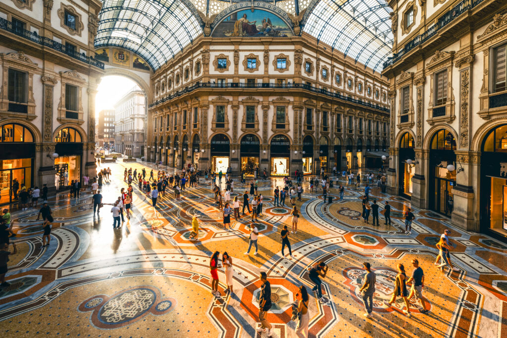 
Crowd of people in Galleria Vittorio Emanuele II at sunset, Milan, Italy 