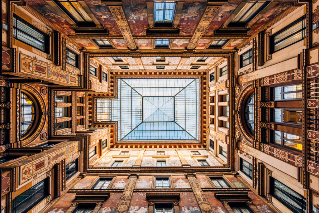 Sciarra Gallery (Galleria Sciarra) facade and ceiling, low angle view, Rome, Italy