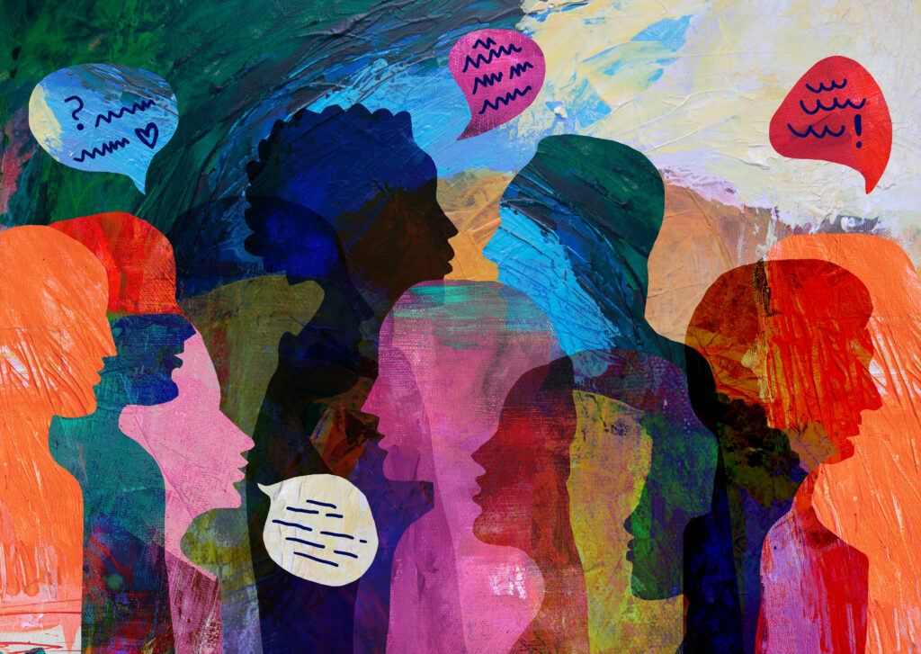 Group of diverse people profile view hand drawn silhouettes talking