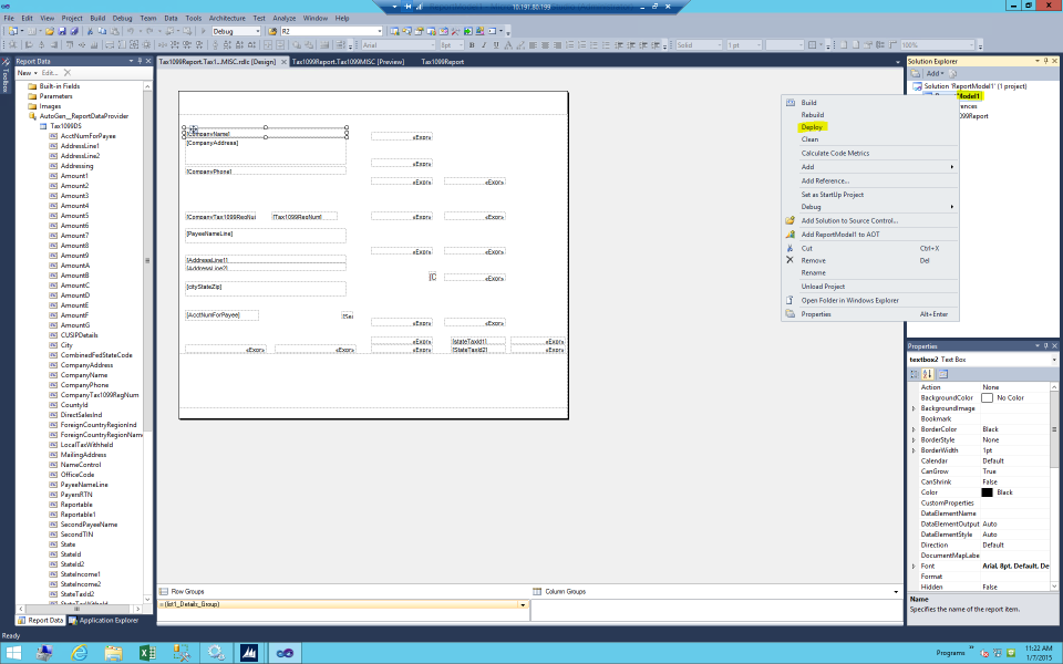 Solution explorer pane, deploy option.