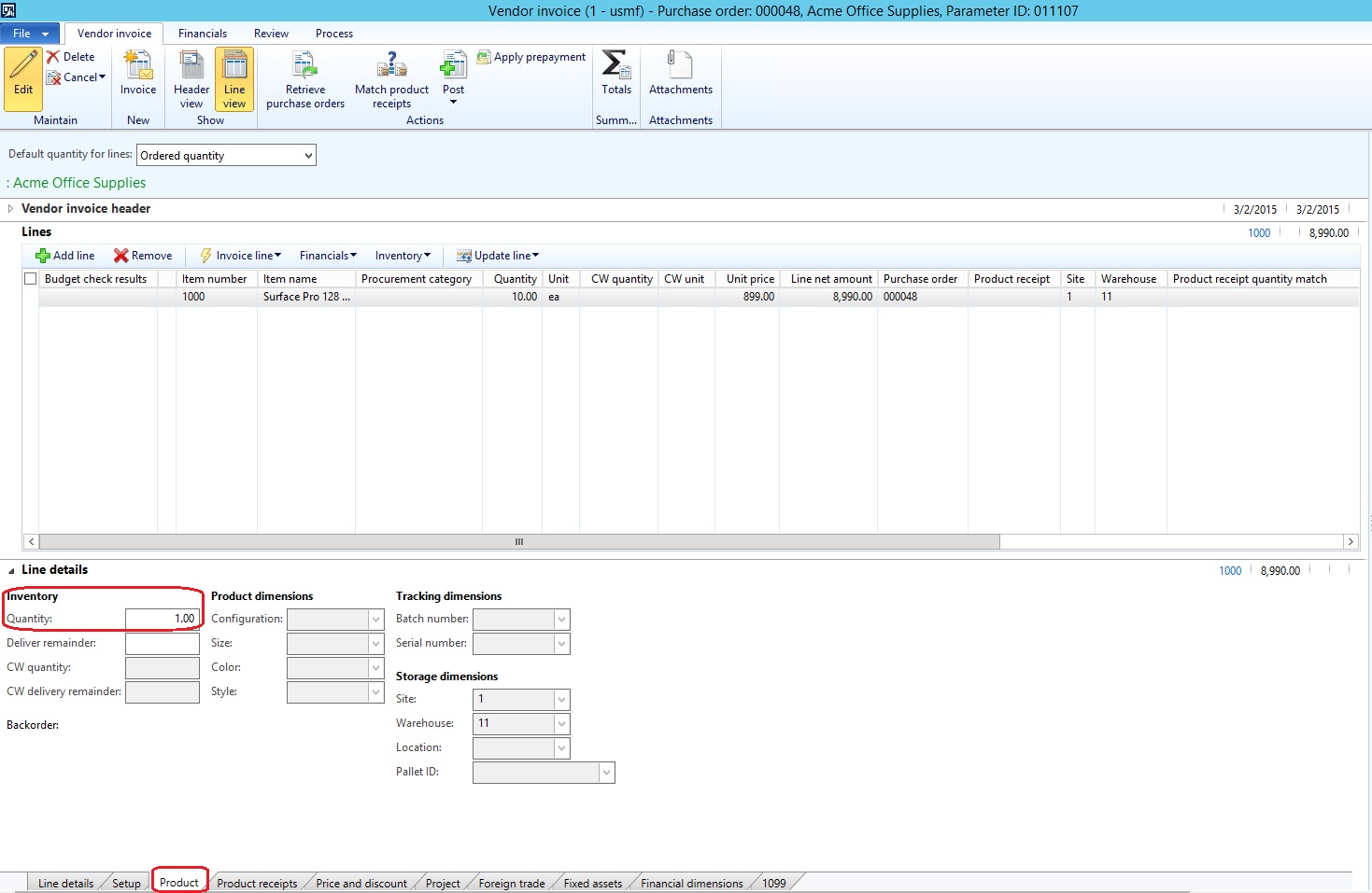 Vendor invoice. Line details tab.