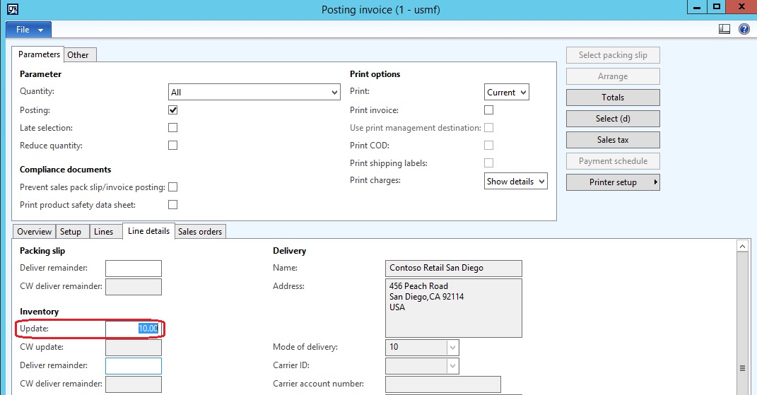 Posting invoice. Line details tab.