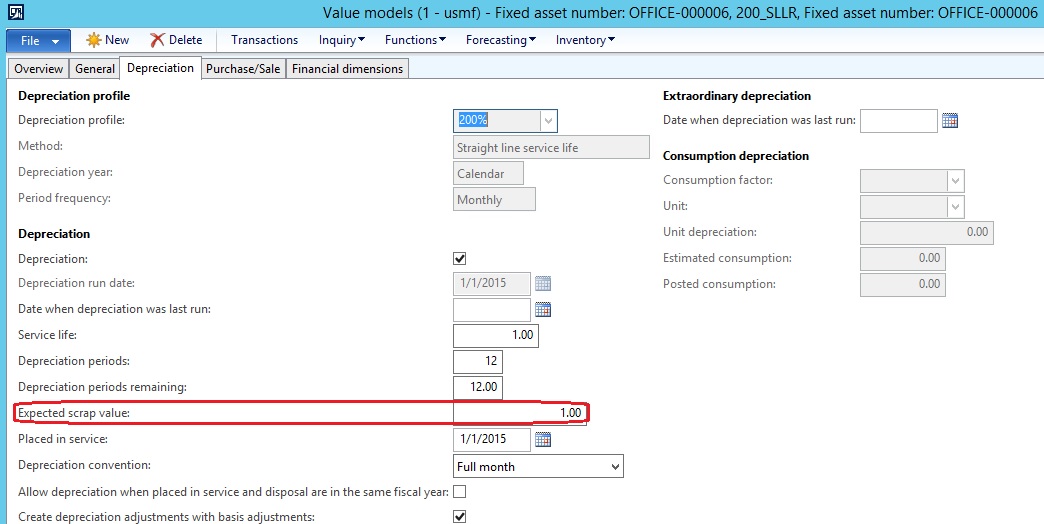 Value models, fixed asset number, expected scrap value.