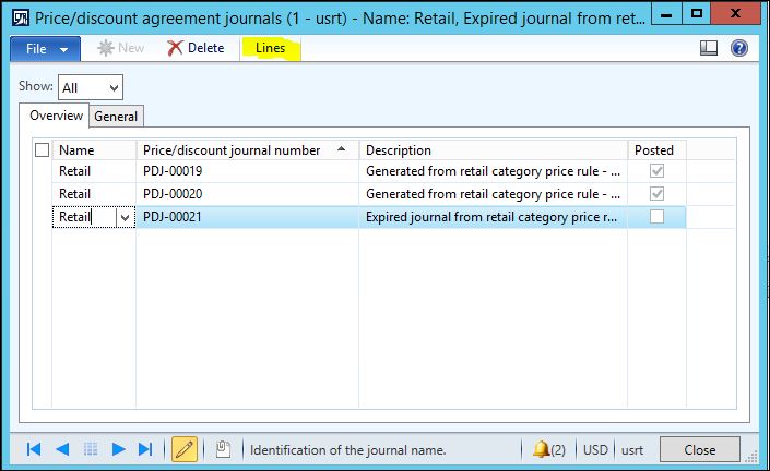 Selecting the Expired journal and clicking the Lines button.