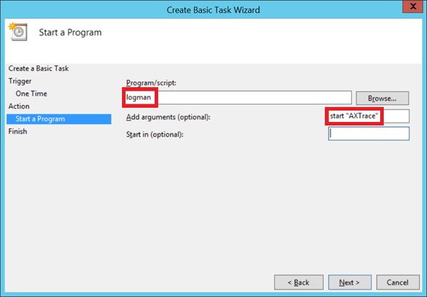 Create basic task wizard. Enter logman and enter start AXTrace.
