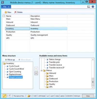 Mobile device menu name and inventory.