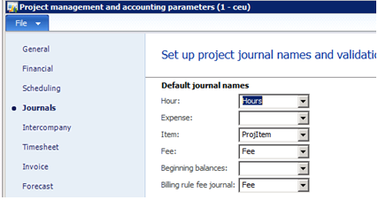 Project management and accounting parameters.