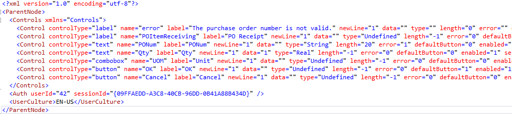 XML that might be returned from the AOS when the user is conducting a PO Receiving workflow but has entered an incorrect PO number. 