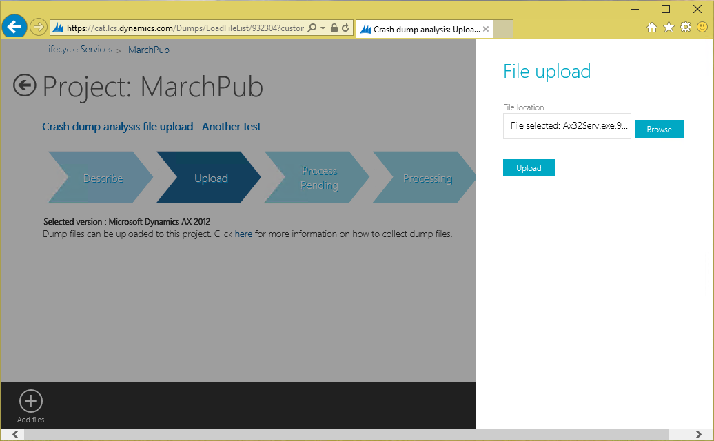Selecting .zip file containing one or more .DMP files, the pressing upload.