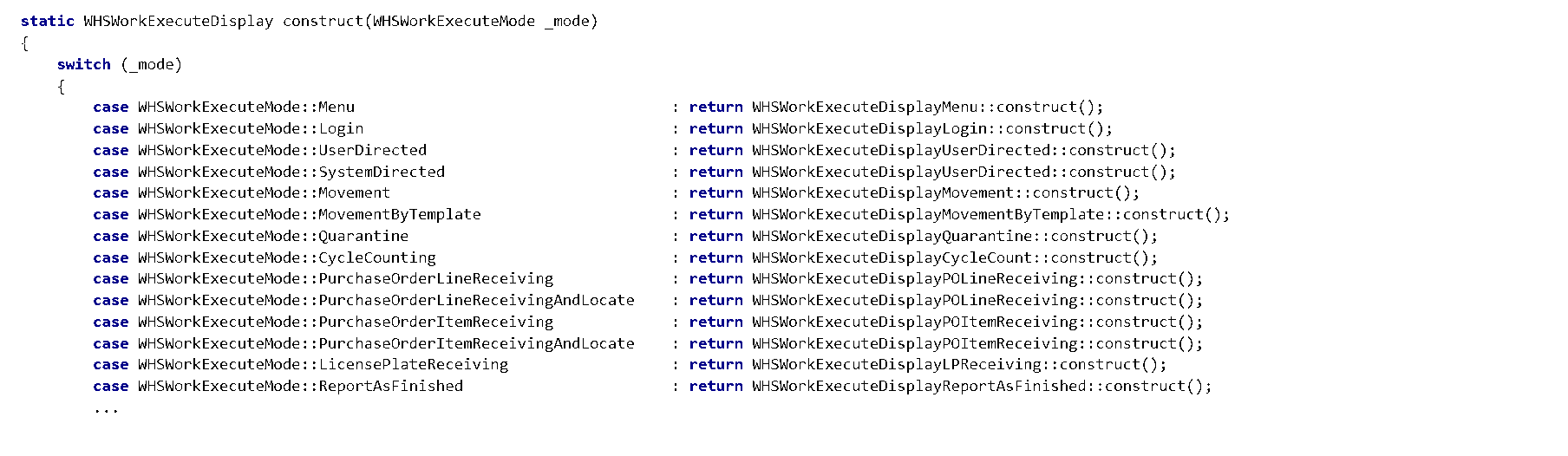 Code snippet of factory method that accepts the current mode we are operating under and creates the appropriate WHS Work Execute Display derived class to handle the rest of user interface creation and workflow processing.