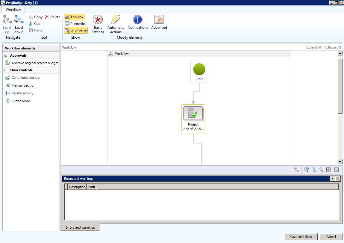 Selecting the project original budget approval node.
