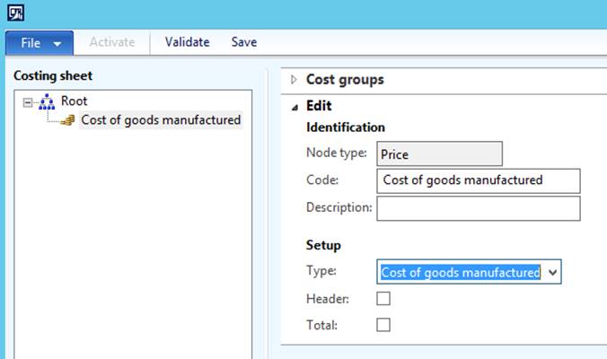 The first node in the costing sheet.