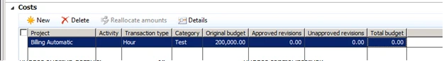 Costs. Entering the original budget.