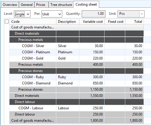 Costing sheet tab showing aggregated cost.