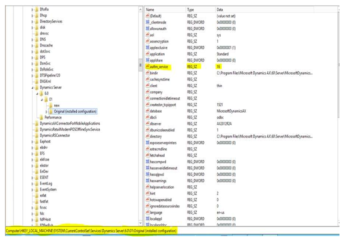 Setting the registry key in the tree for the server.