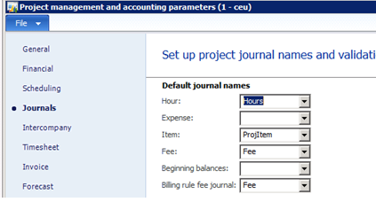 Project management and accounting parameters.