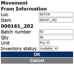 Batch controlled items with batch number, quantity, unit, and inventory status.