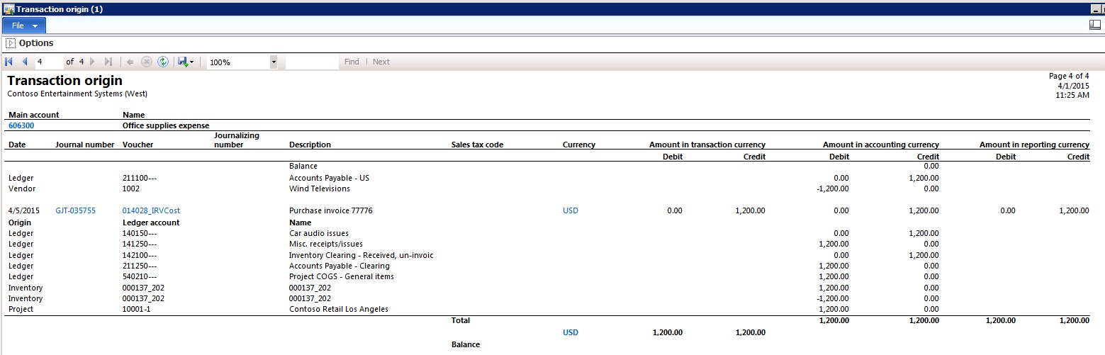 Generated report containing the main accounts, vendor ID, project ID, item ID, voucher number and journal number.